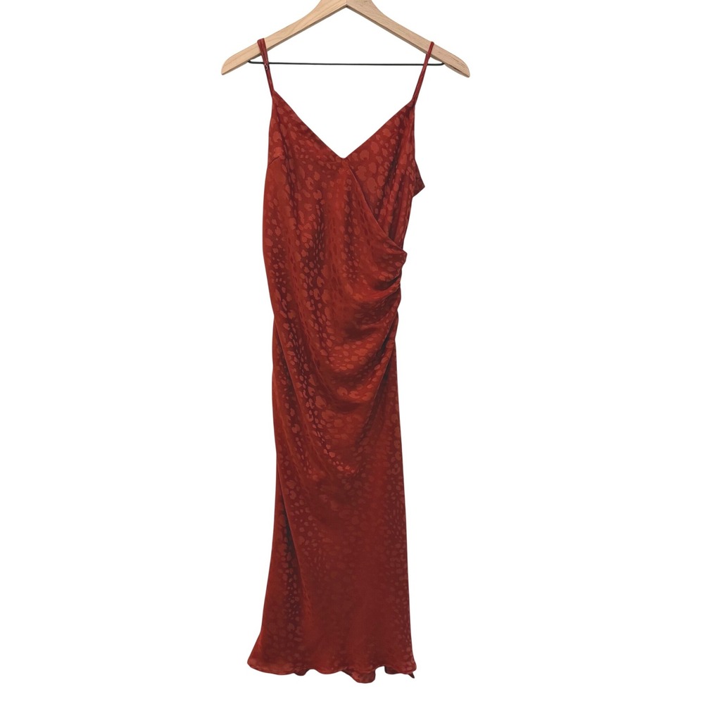 Sage The Label Rust Red Leopard Jacquard Satin Ruched Midi Dress Womens Size M - Picture 1 of 5